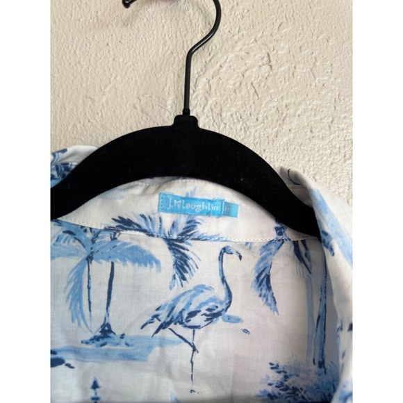 J. McLaughlin Blue Palm Flamingo Button Down M Cotton Resortwear Summer Shirt - Picture 3 of 6